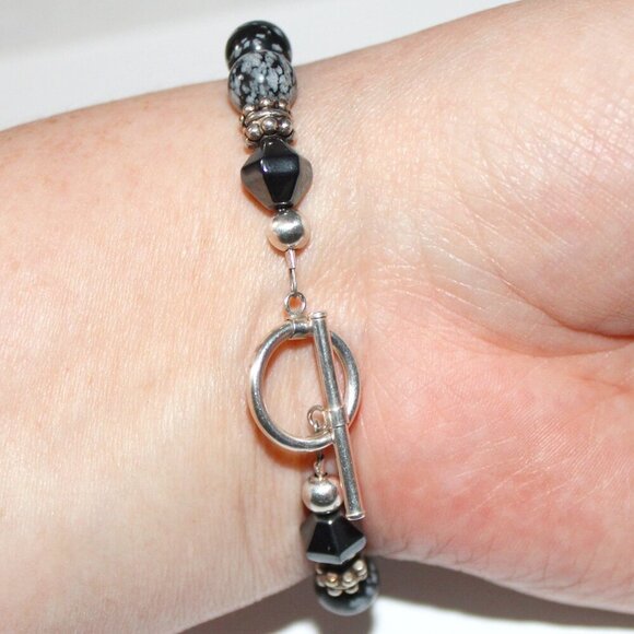 Sterling Silver Handmade Hematite & Obsidian Bead Bracelet - Picture 5 of 5